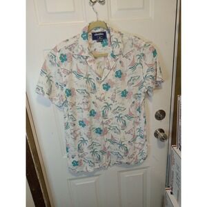 Chubbies Shirt Mens Medium White Teal Tropical Print Button Front Short Sleeve